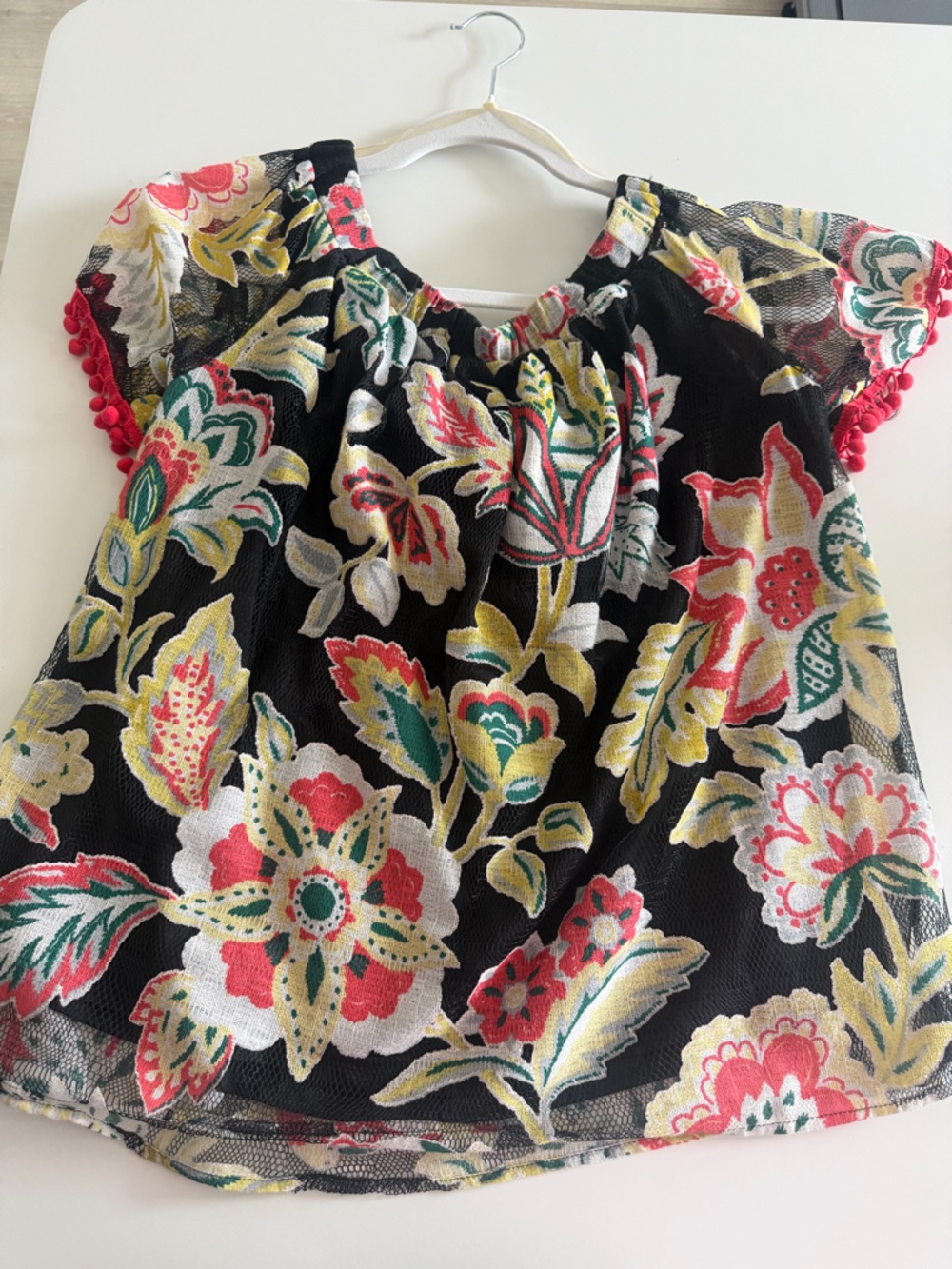 entro Black Floral Mesh Blouse with Pink and Yellow Accents